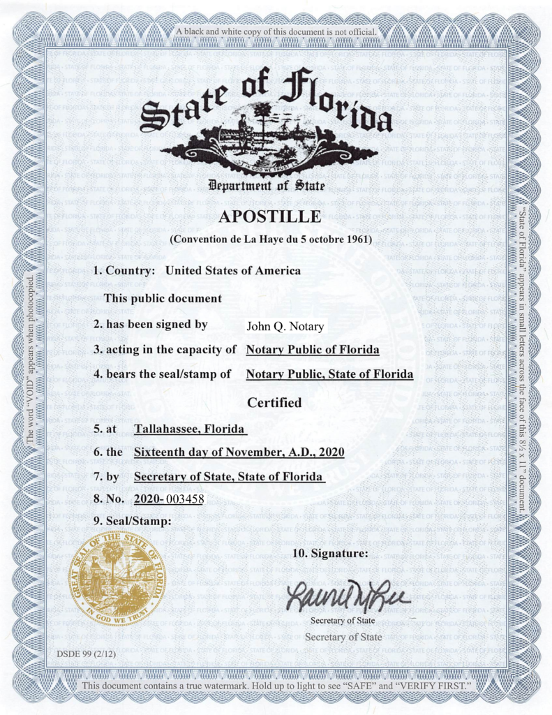 Documents being processed for apostille in Florida